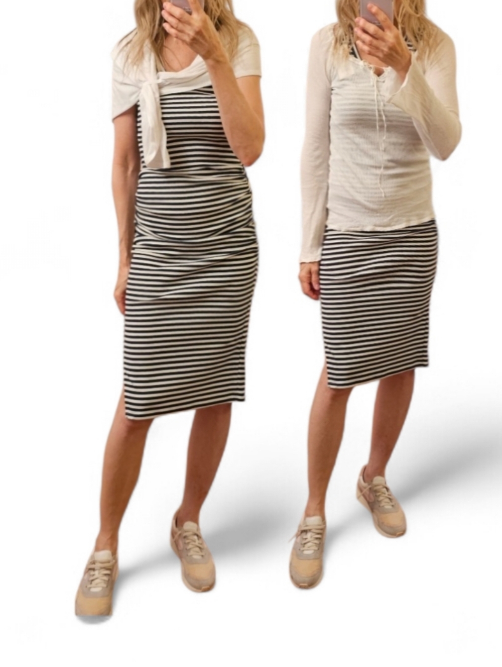 Black and White Striped Bodycon Maxi Dress with side rushing - Picture 2 of 7